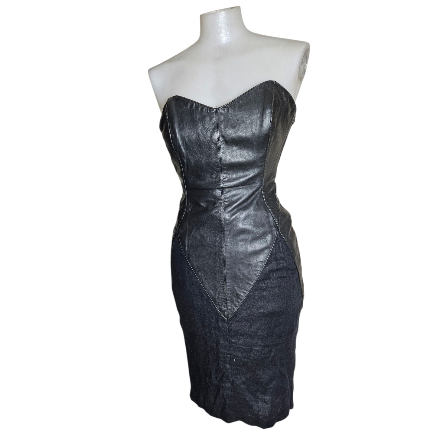 Leather and linen strapless dress