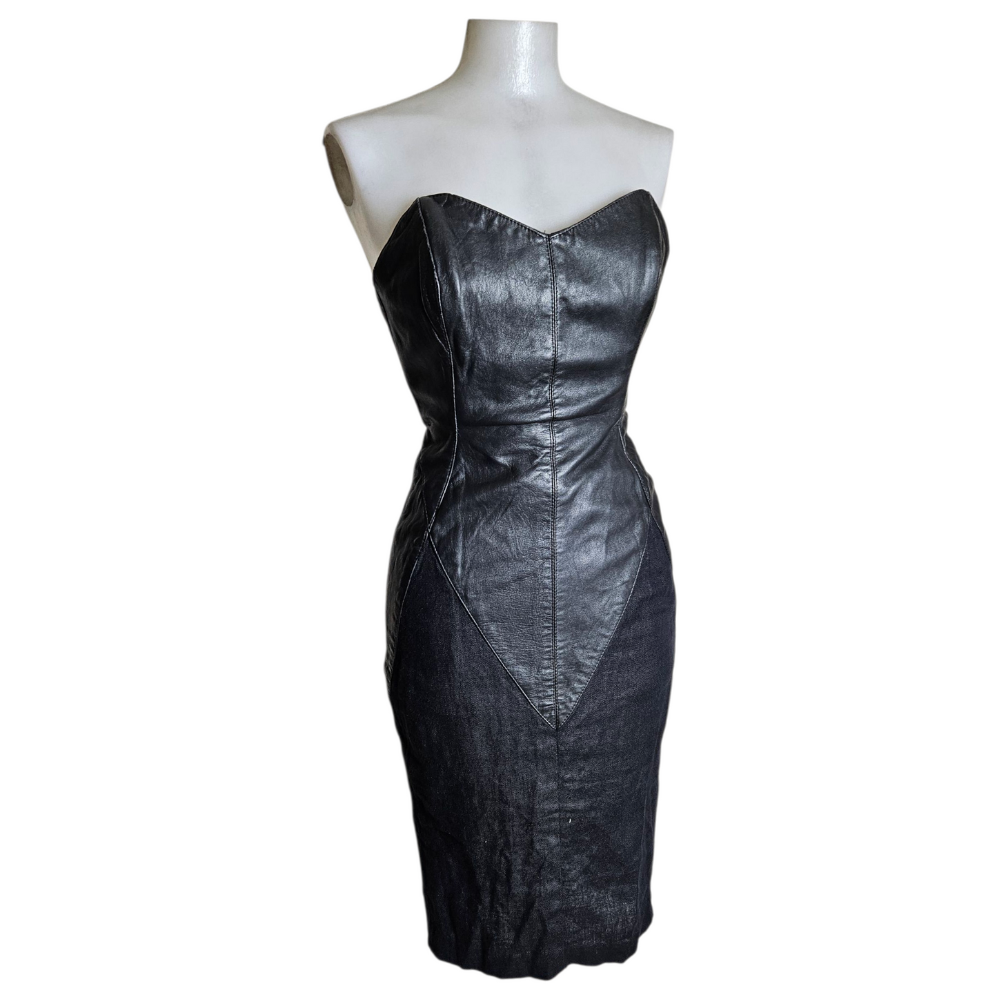 Leather and linen strapless dress