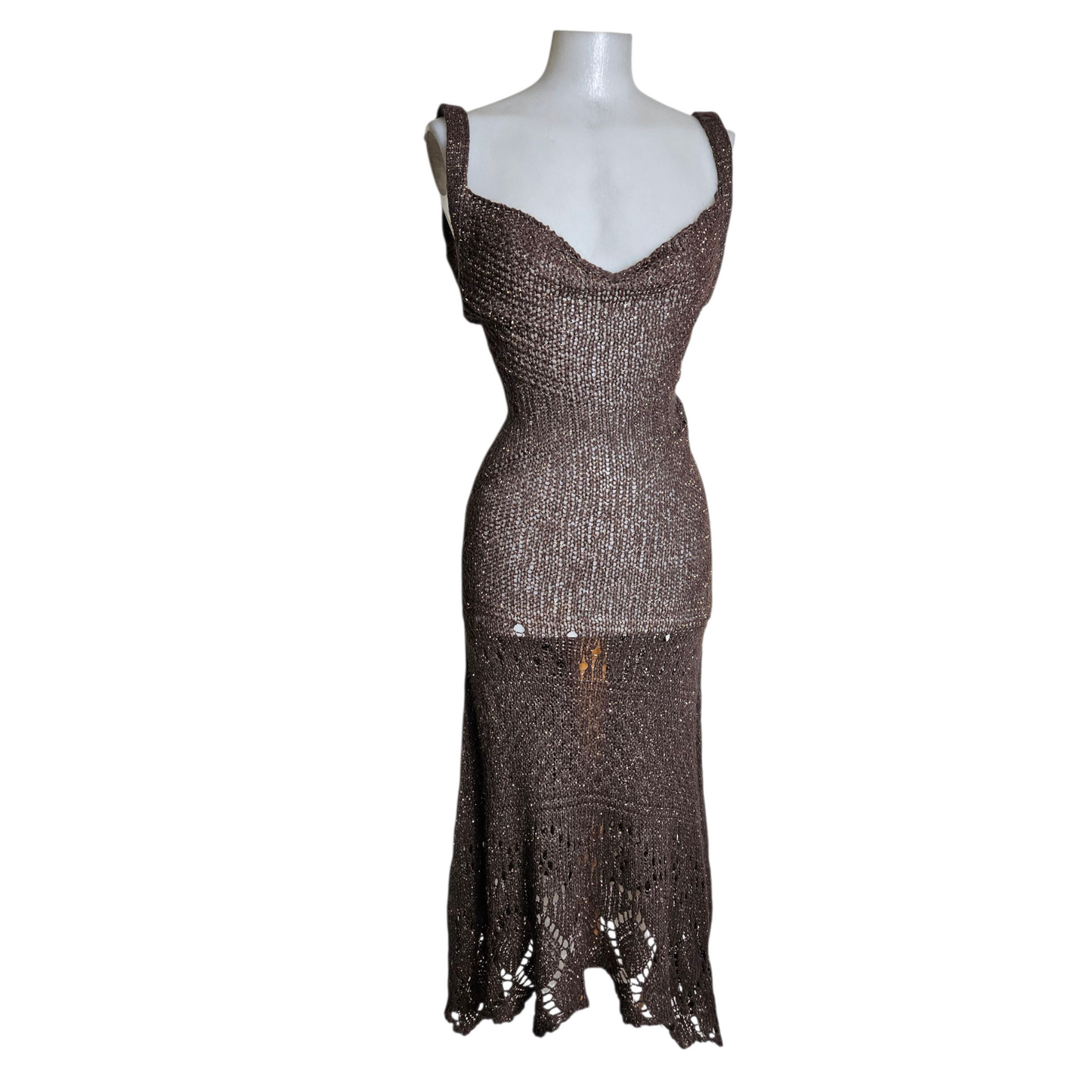 Brown crochet dress with low cut