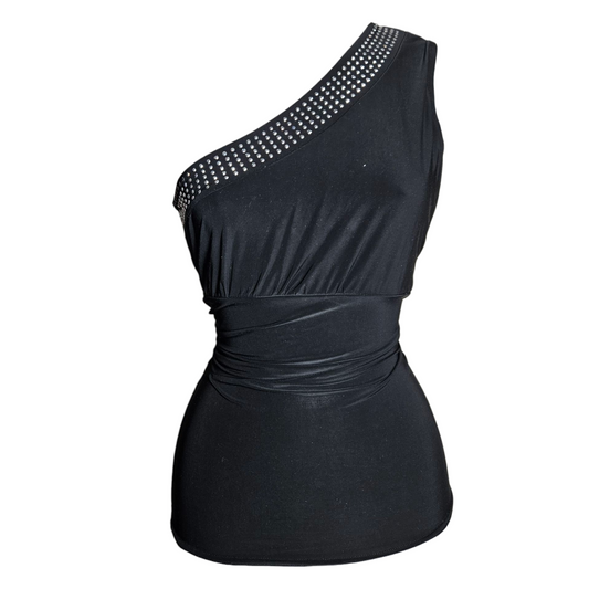 Black asymmetrical top with rhinestones