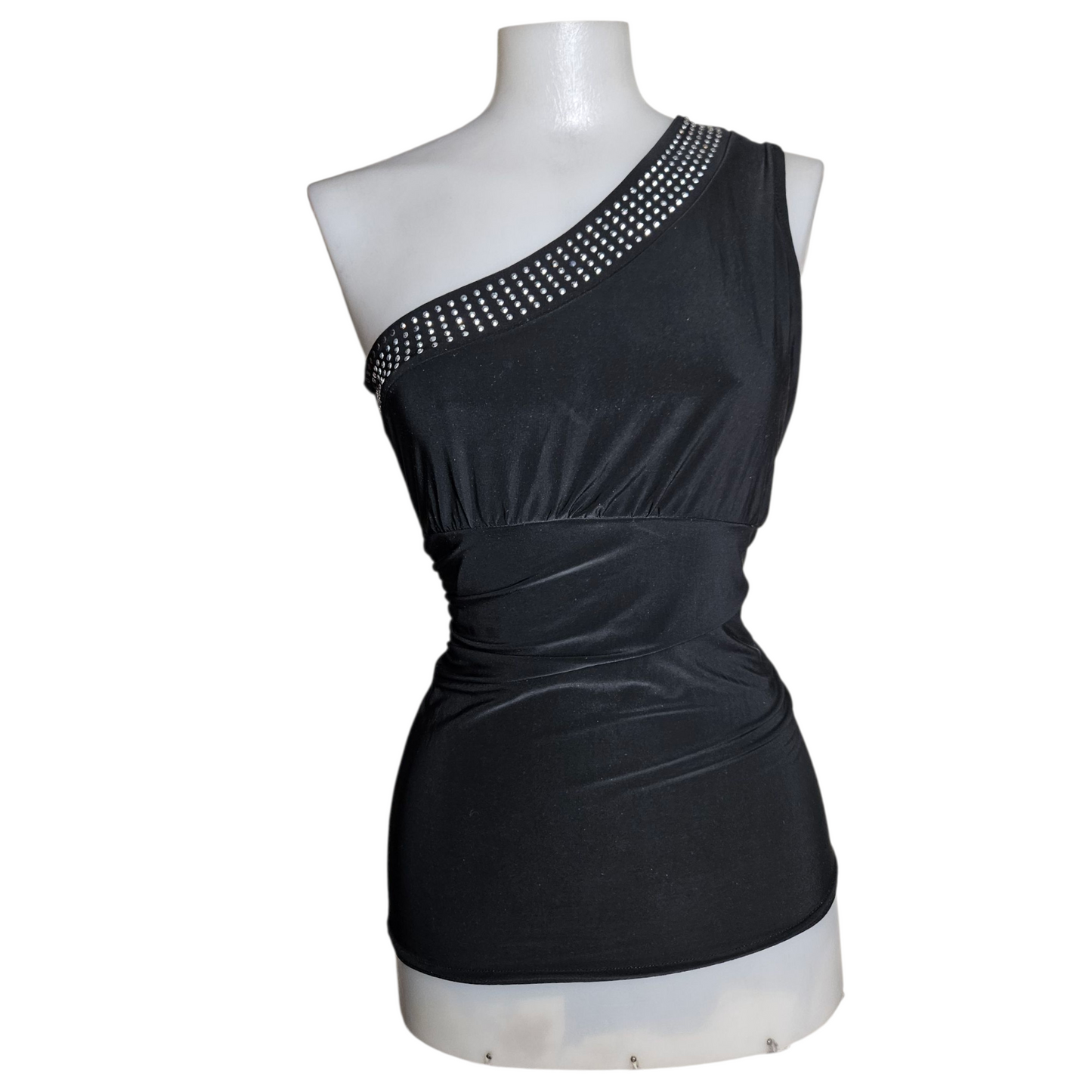 Black asymmetrical top with rhinestones