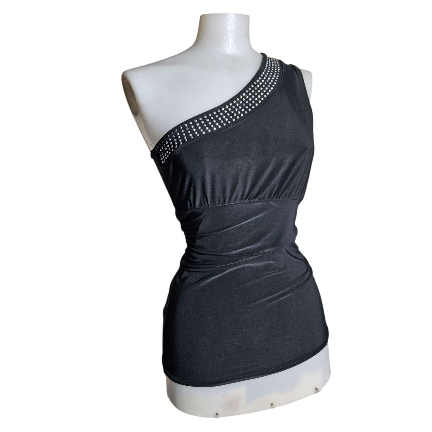 Black asymmetrical top with rhinestones