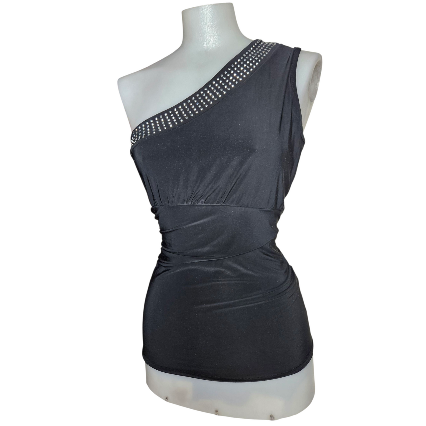 Black asymmetrical top with rhinestones