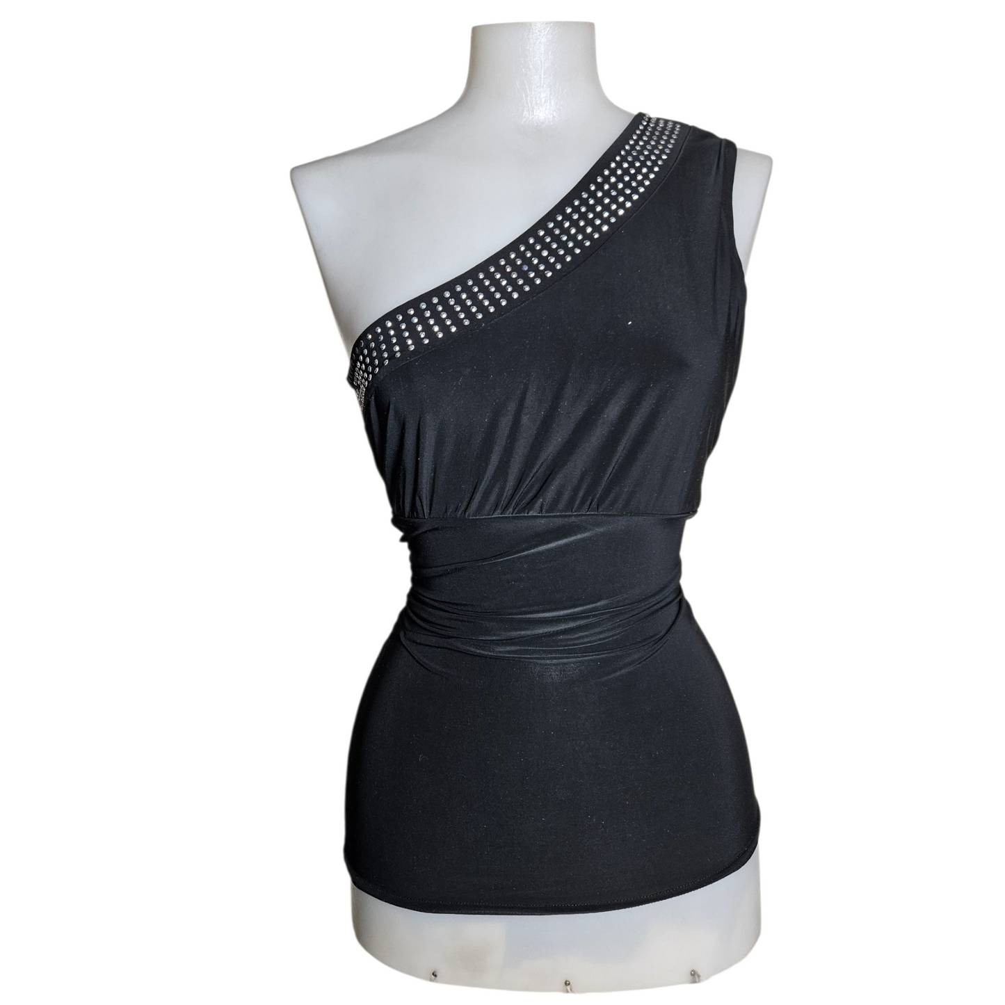 Black asymmetrical top with rhinestones