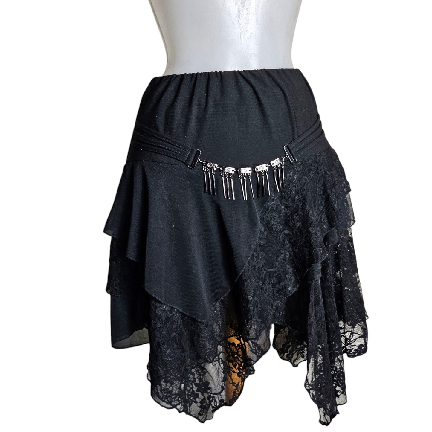 Asymmetrical lace skirt with chain details