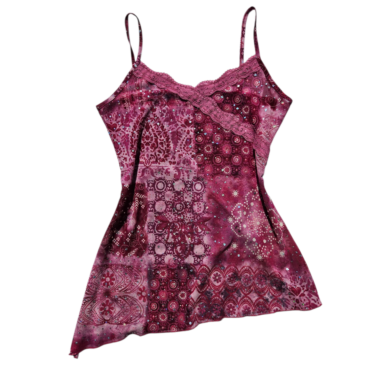 Asymmetrical rhinestone voile top