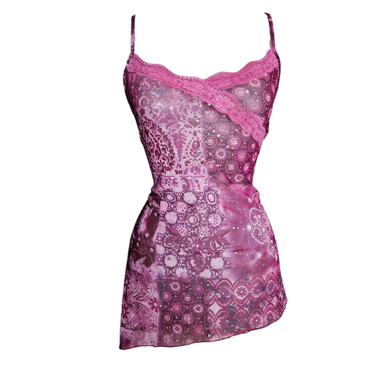 Asymmetrical rhinestone voile top