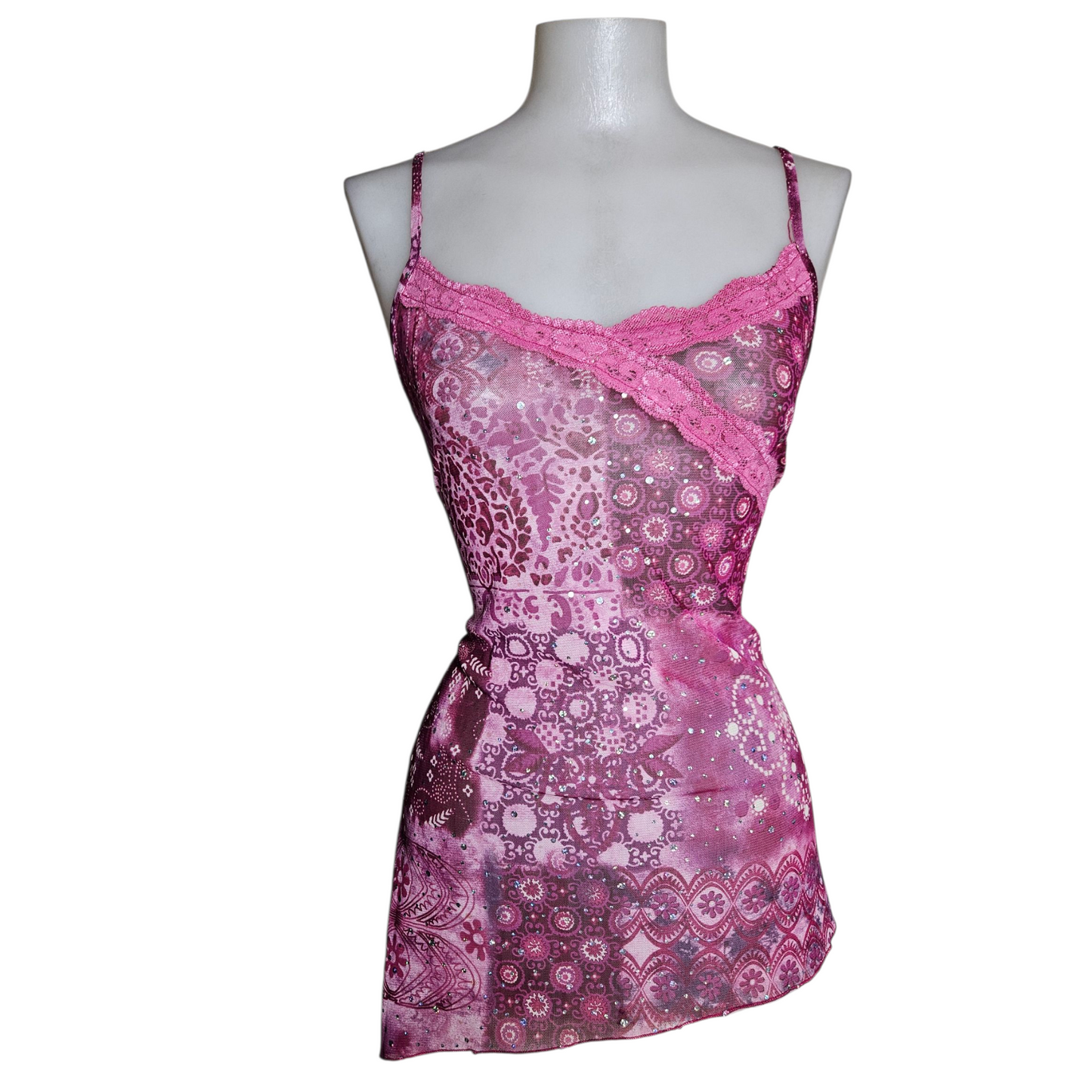 Asymmetrical rhinestone voile top