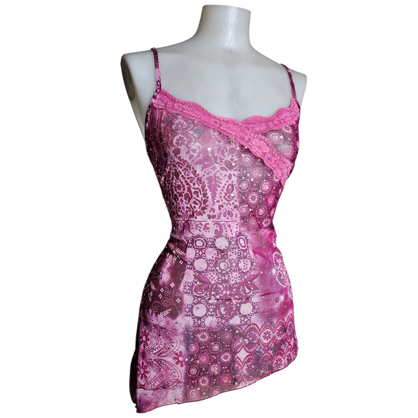 Asymmetrical rhinestone voile top