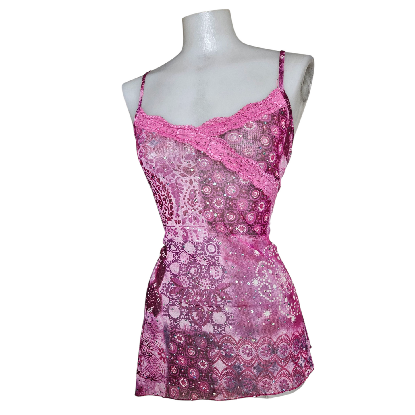 Asymmetrical rhinestone voile top