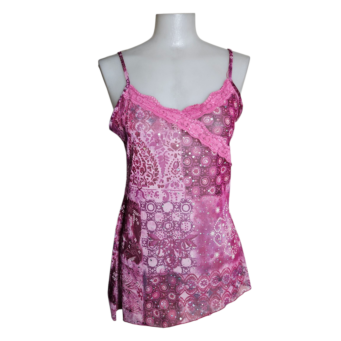 Asymmetrical rhinestone voile top