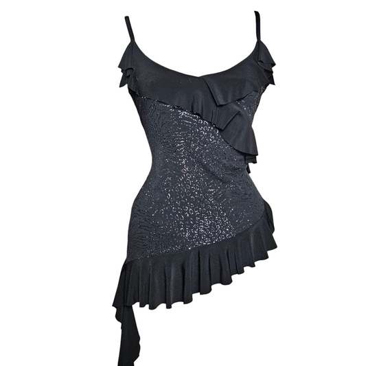 Asymmetrical top with rhinestones and ruffles