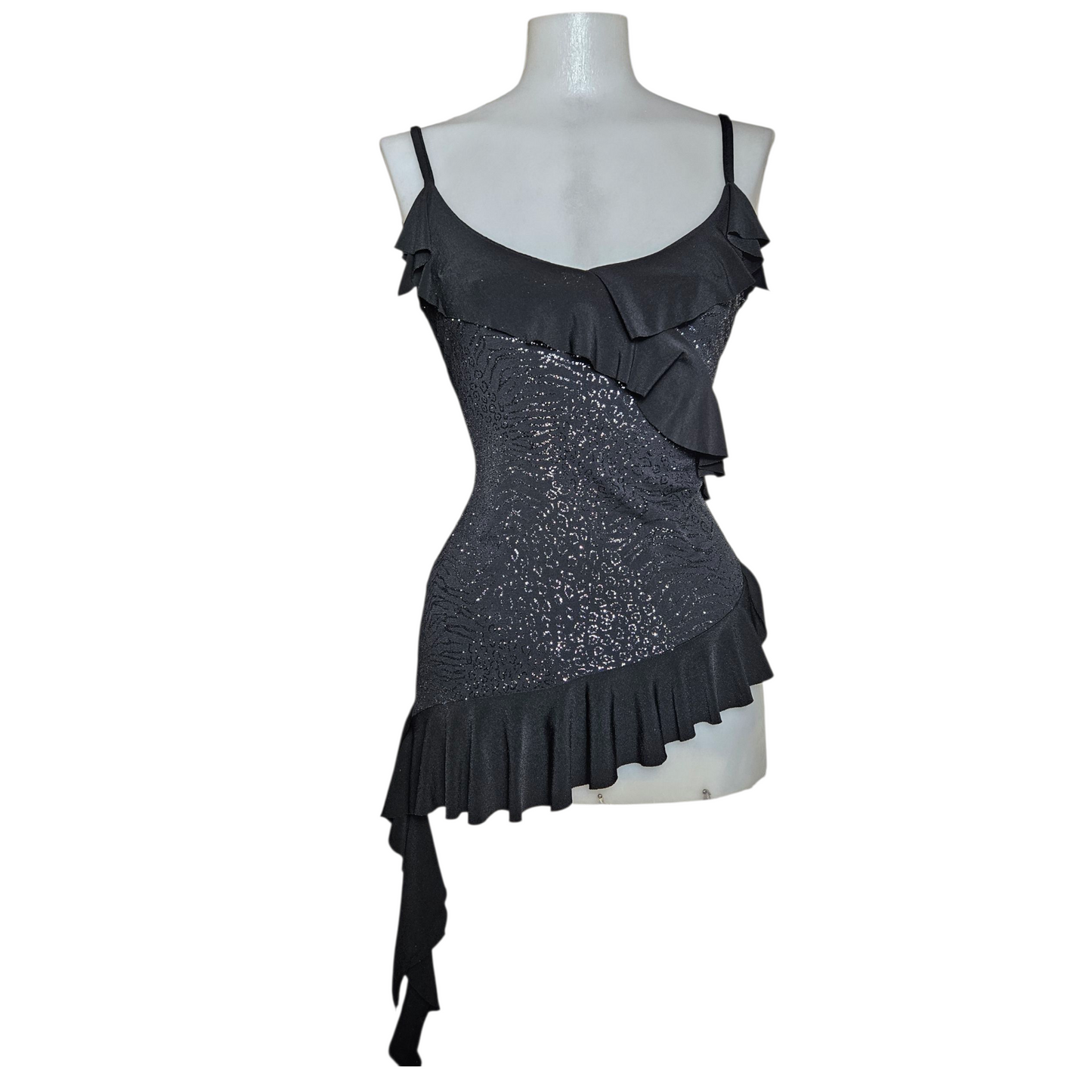 Asymmetrical top with rhinestones and ruffles