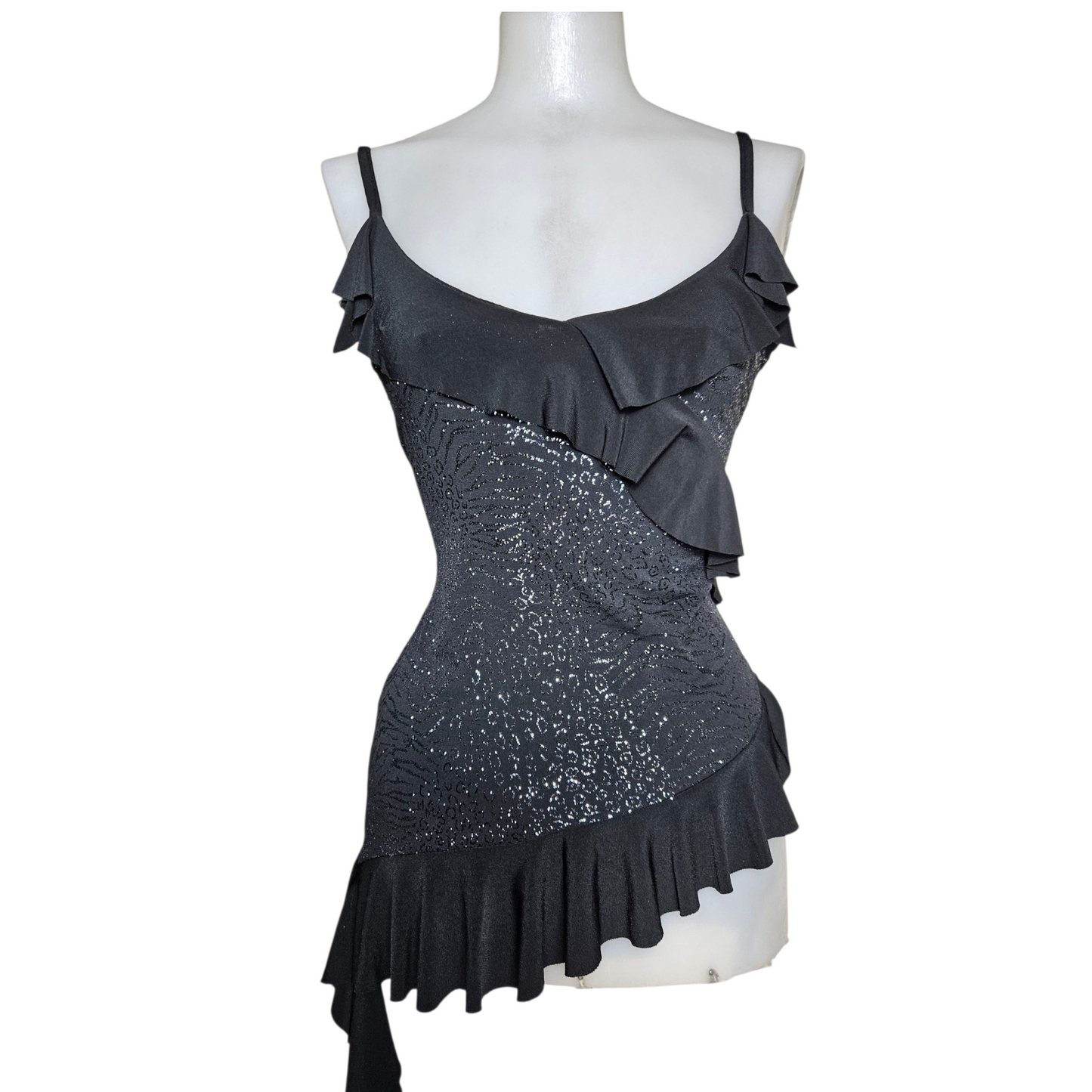 Asymmetrical top with rhinestones and ruffles