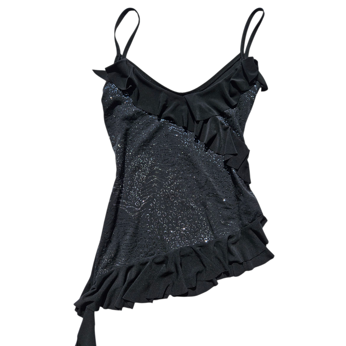 Asymmetrical top with rhinestones and ruffles