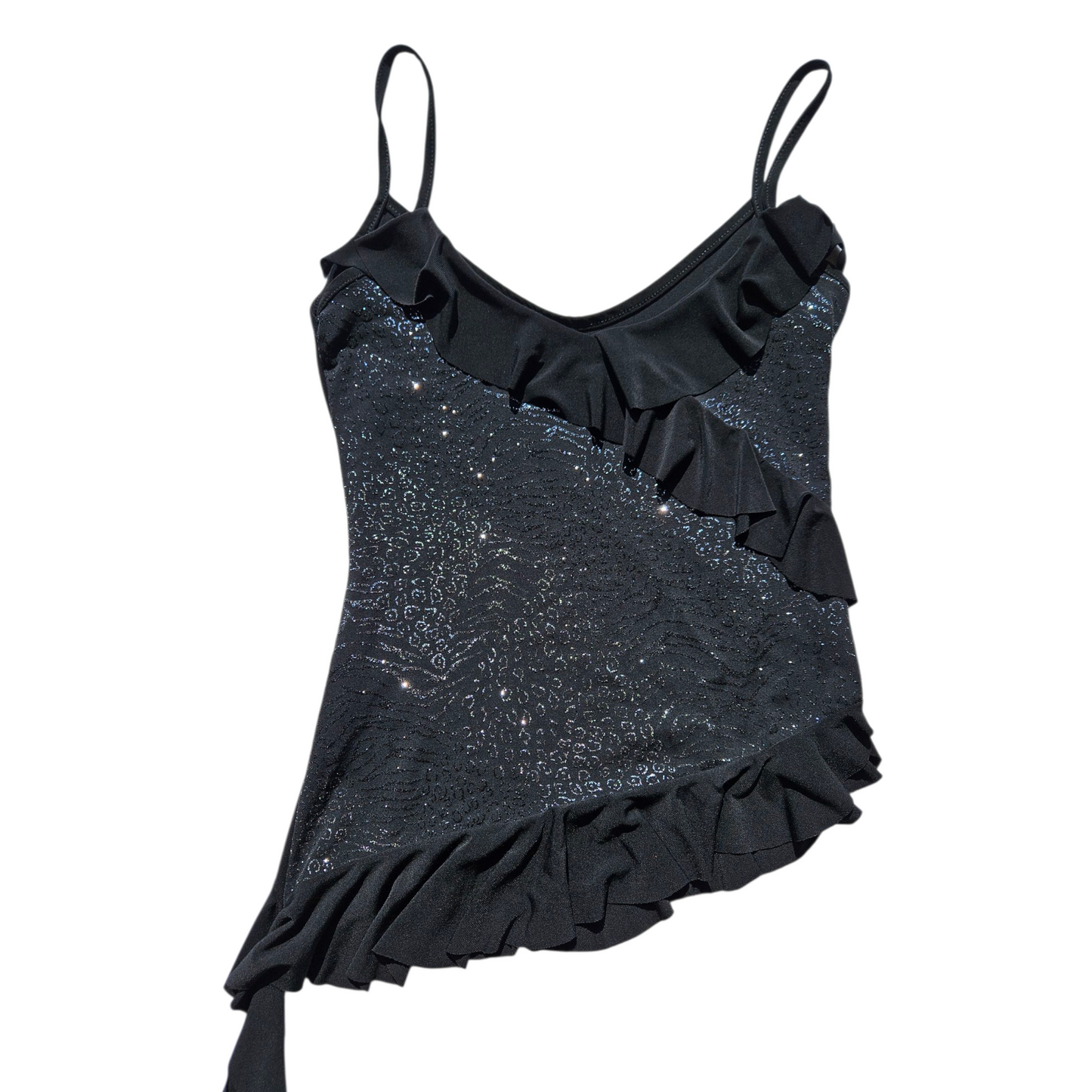 Asymmetrical top with rhinestones and ruffles