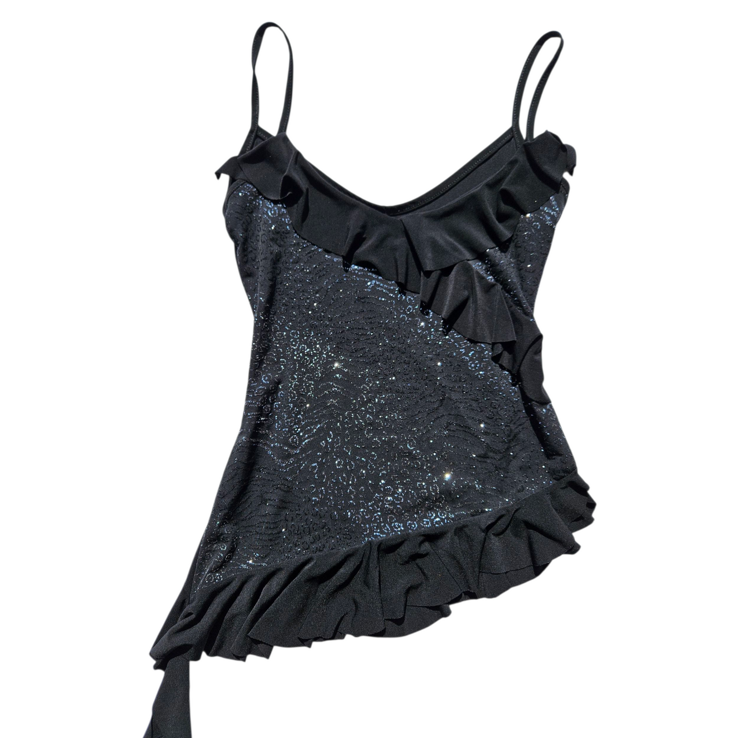 Asymmetrical top with rhinestones and ruffles