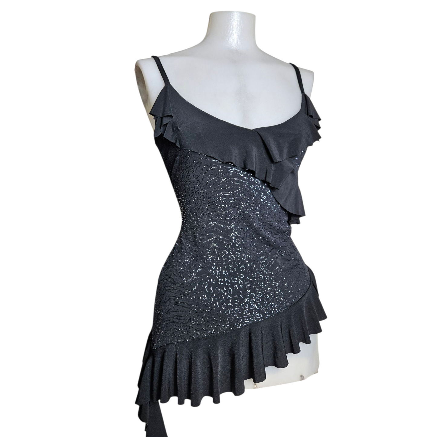 Asymmetrical top with rhinestones and ruffles