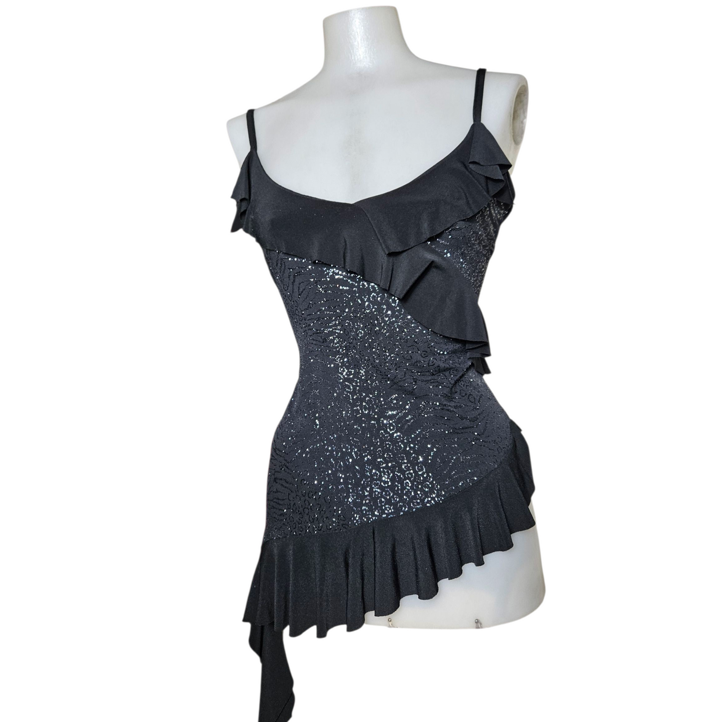 Asymmetrical top with rhinestones and ruffles