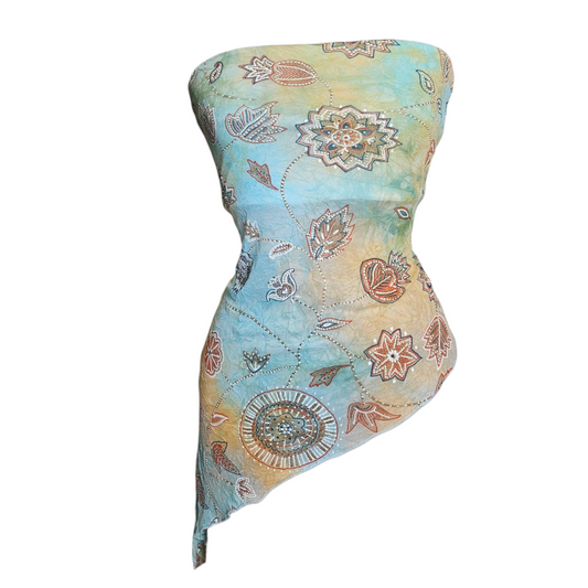 Blue and beige tie-dye strapless top