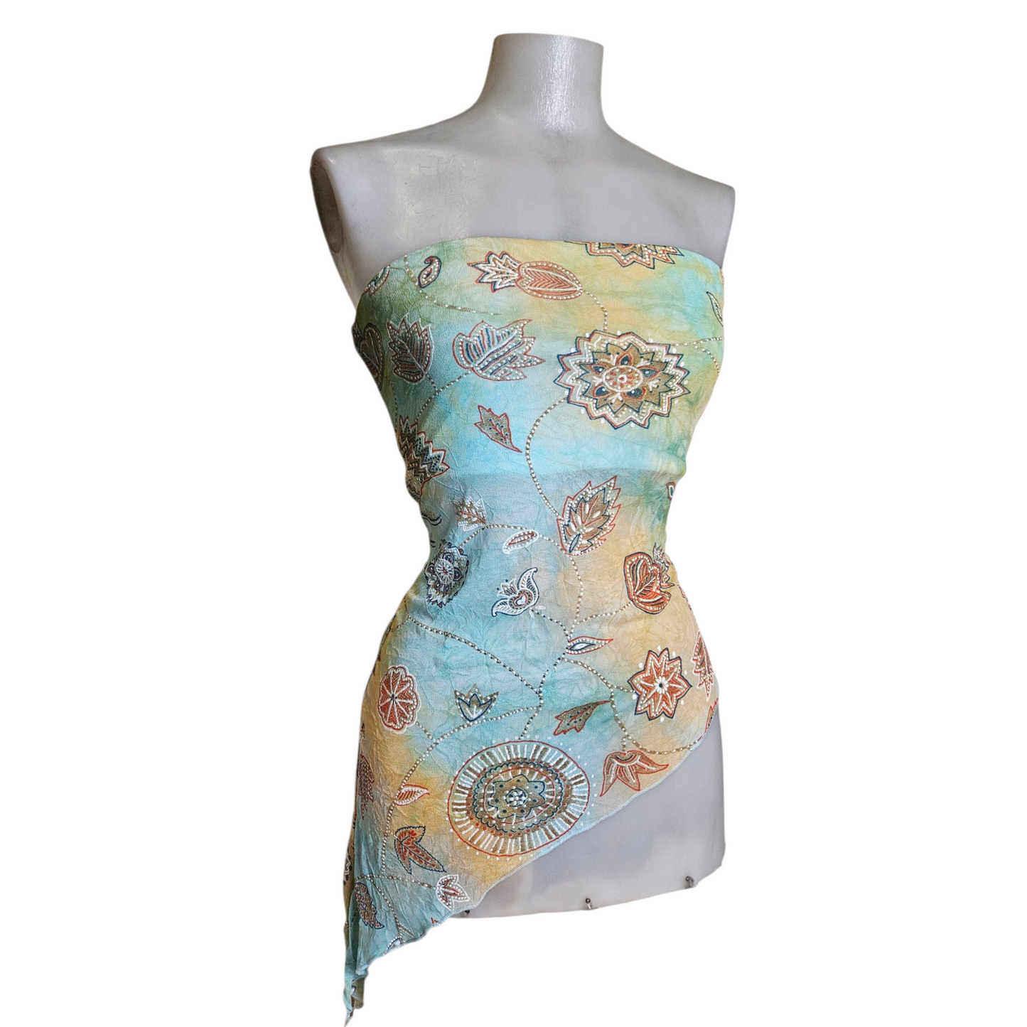 Blue and beige tie-dye strapless top