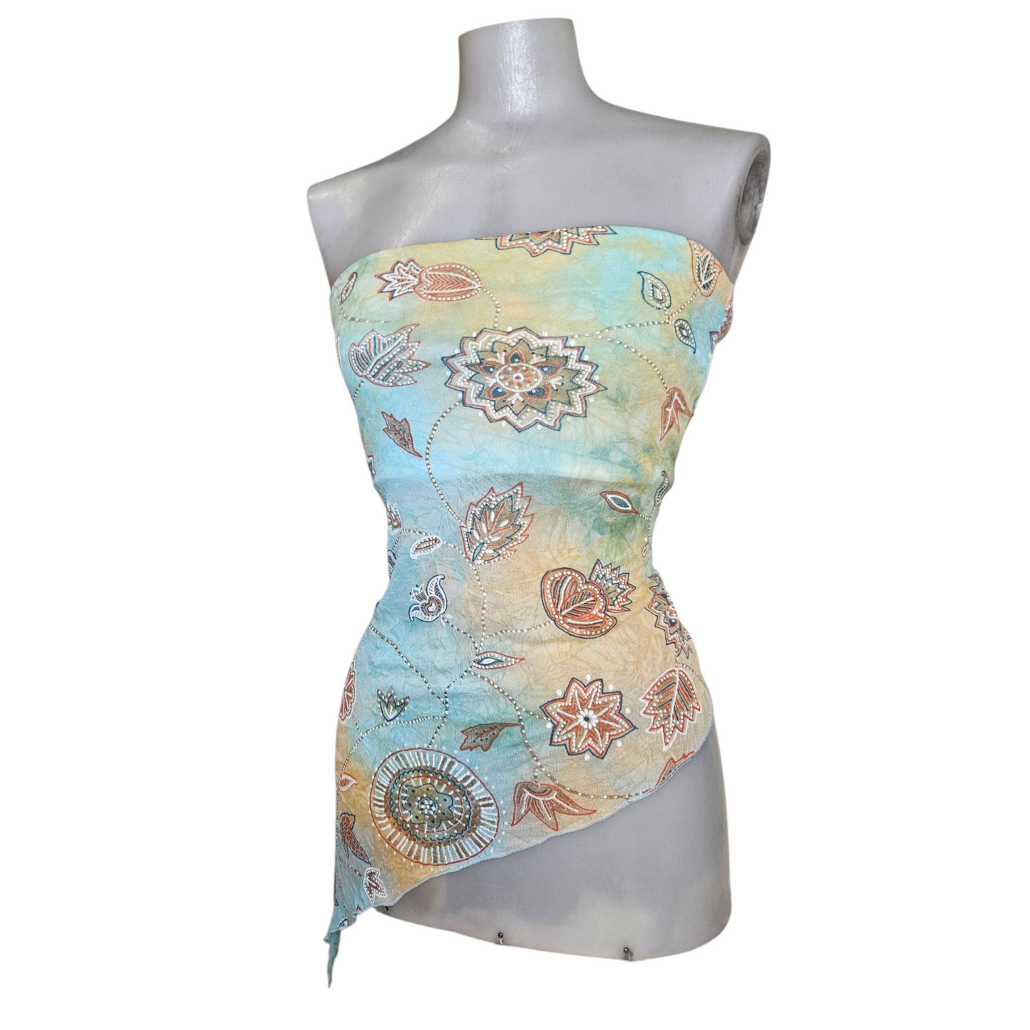 Blue and beige tie-dye strapless top