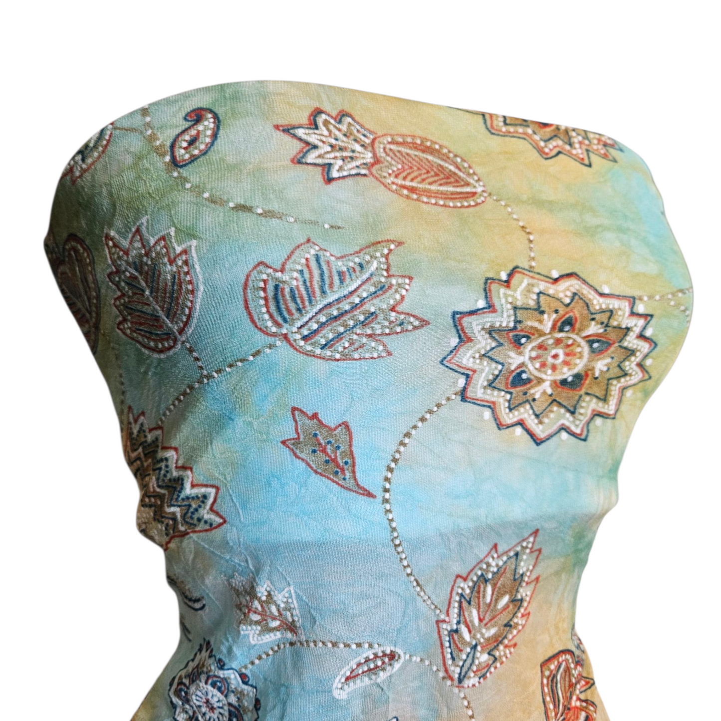 Blue and beige tie-dye strapless top