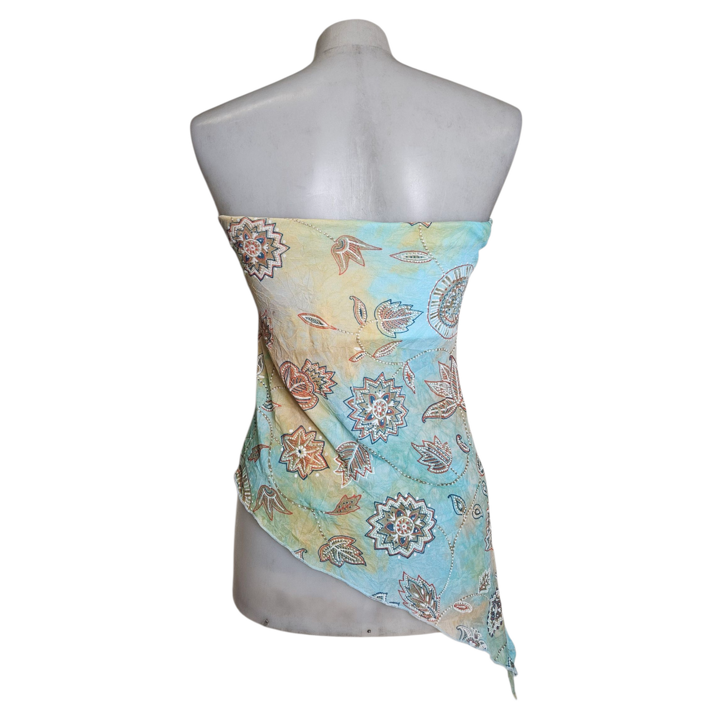 Blue and beige tie-dye strapless top