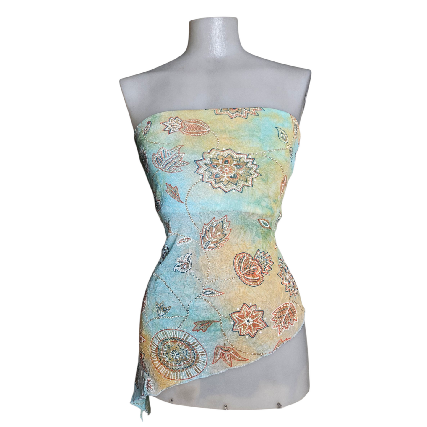 Blue and beige tie-dye strapless top