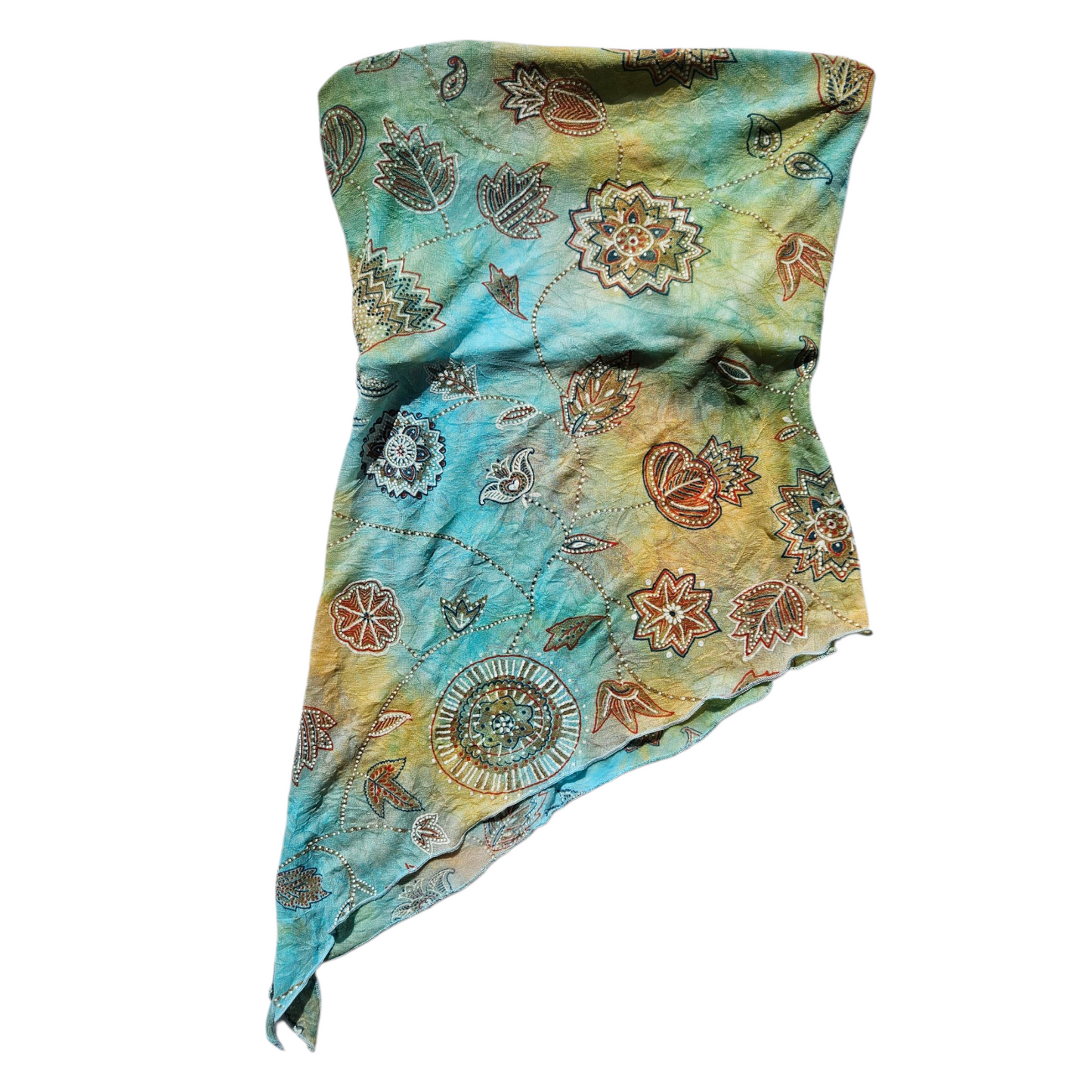 Blue and beige tie-dye strapless top