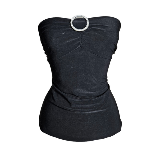 Black strapless top with rhinestone buckle