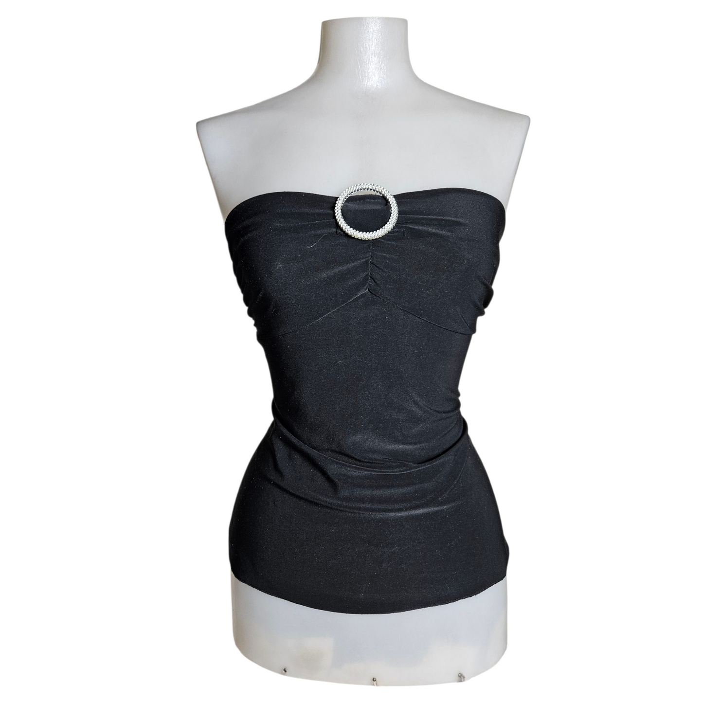 Black strapless top with rhinestone buckle