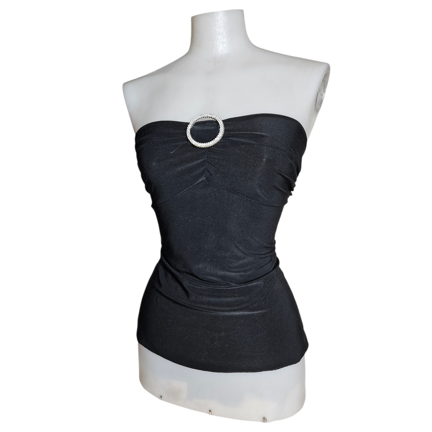 Black strapless top with rhinestone buckle