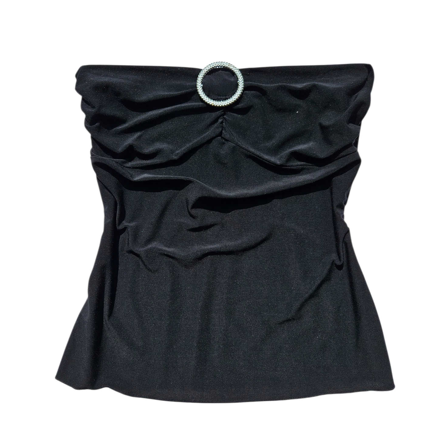 Black strapless top with rhinestone buckle