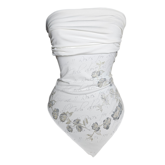 Haut strapless blanc motif fleurs argentées