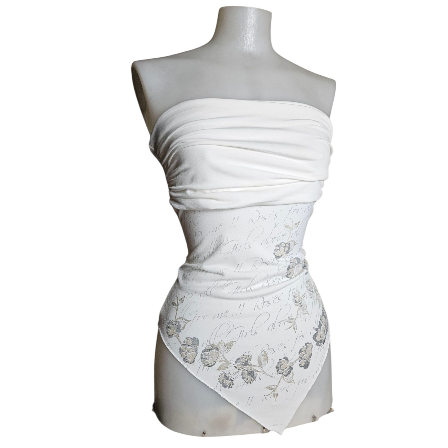 Haut strapless blanc motif fleurs argentées