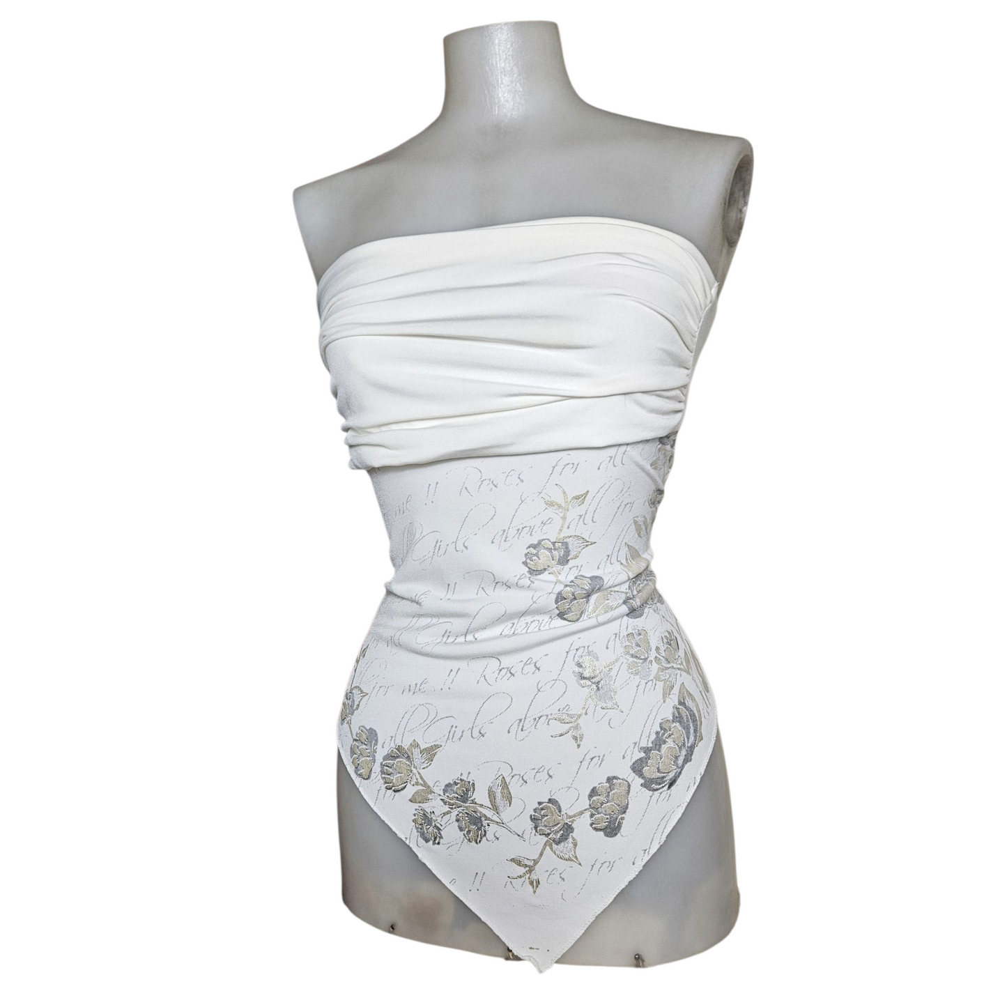 Haut strapless blanc motif fleurs argentées