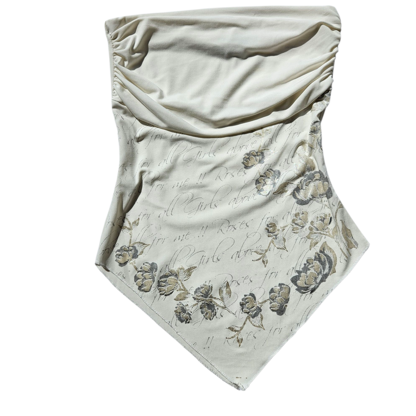 Haut strapless blanc motif fleurs argentées