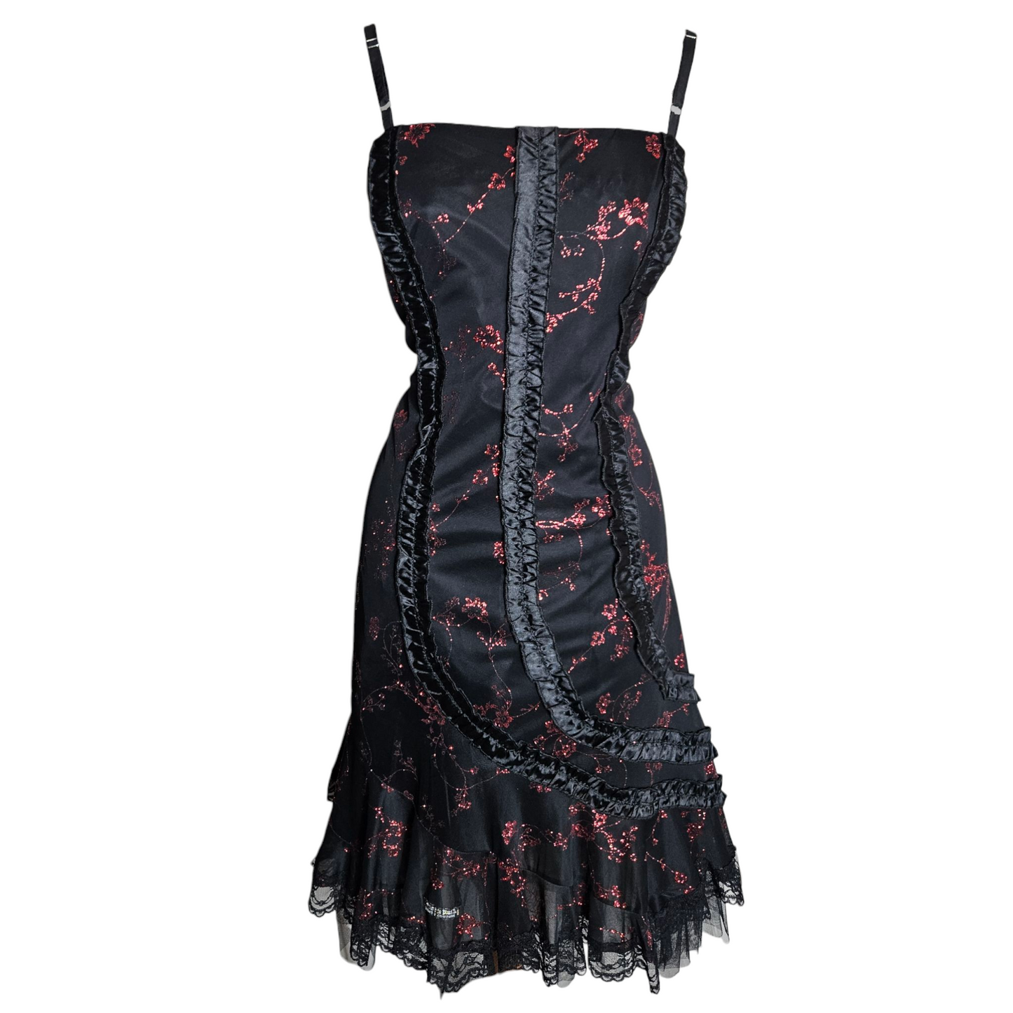 Black dress with red floral pattern