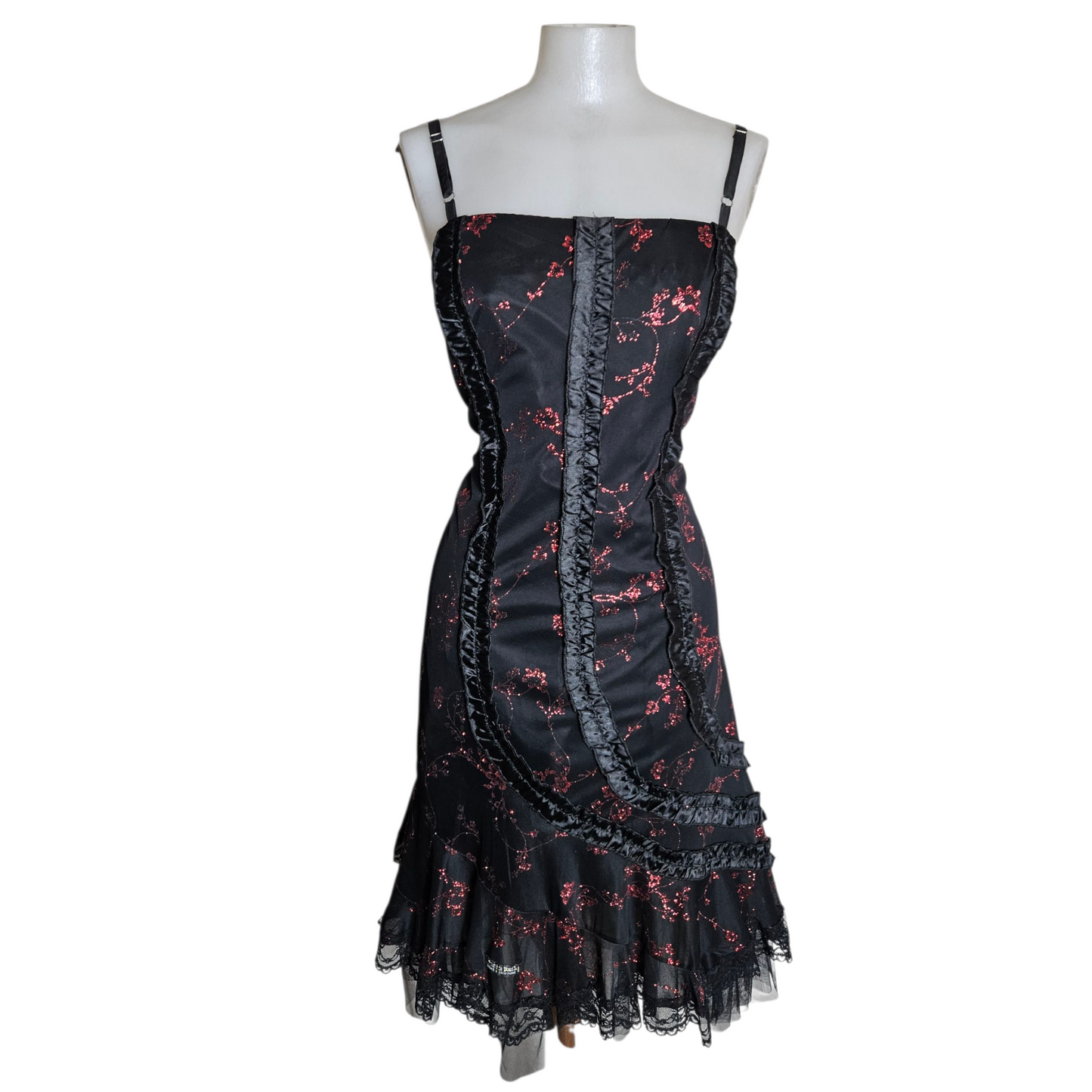 Black dress with red floral pattern