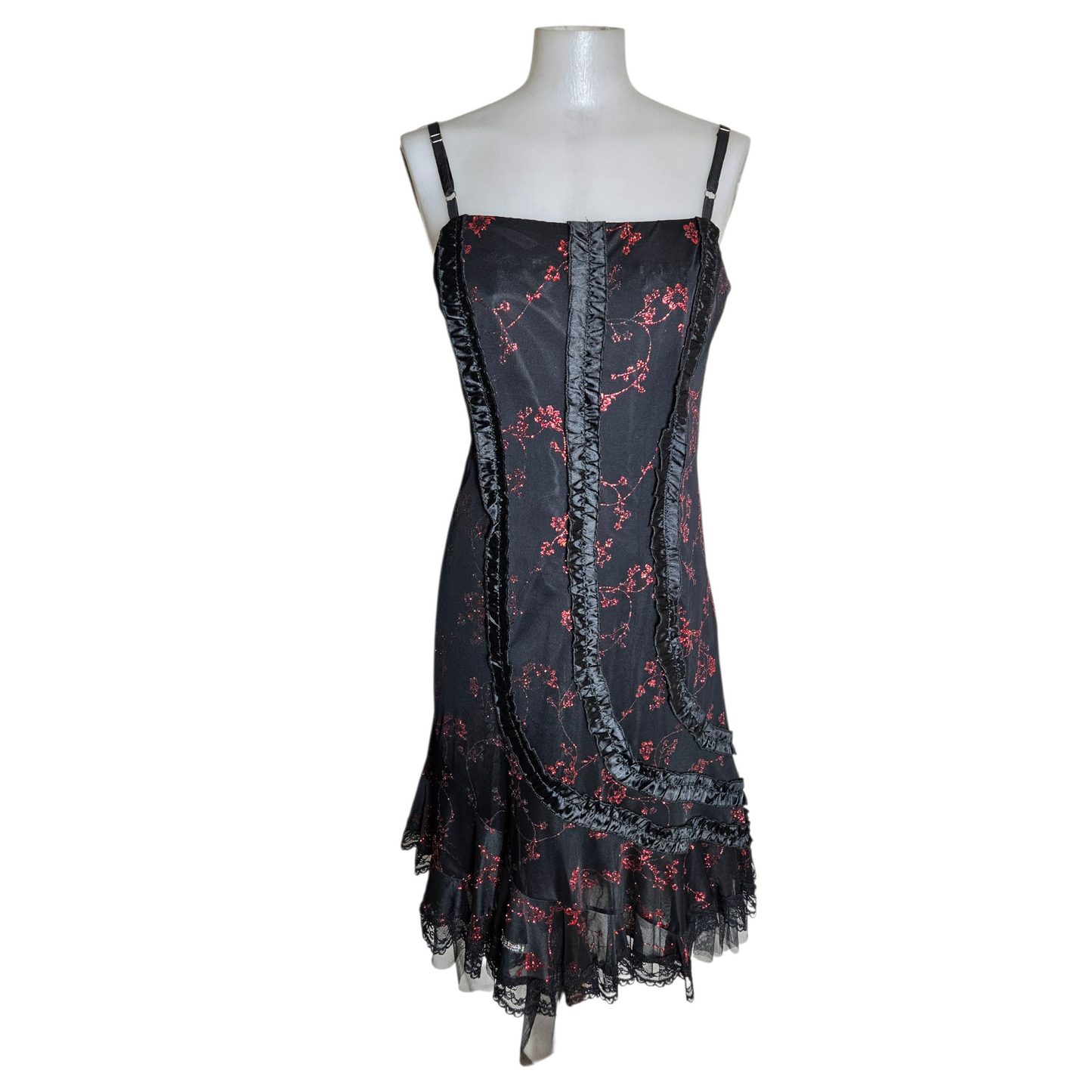 Black dress with red floral pattern