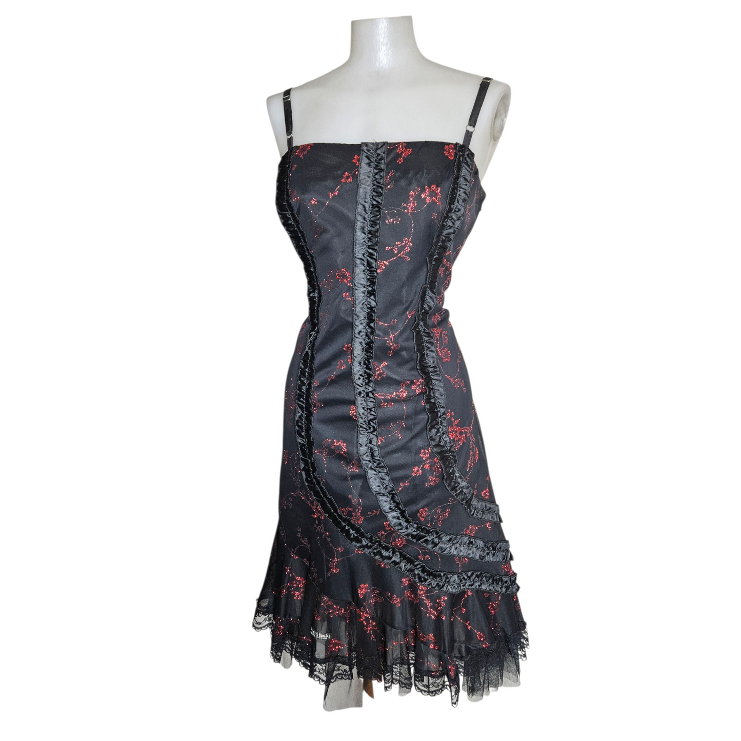 Black dress with red floral pattern