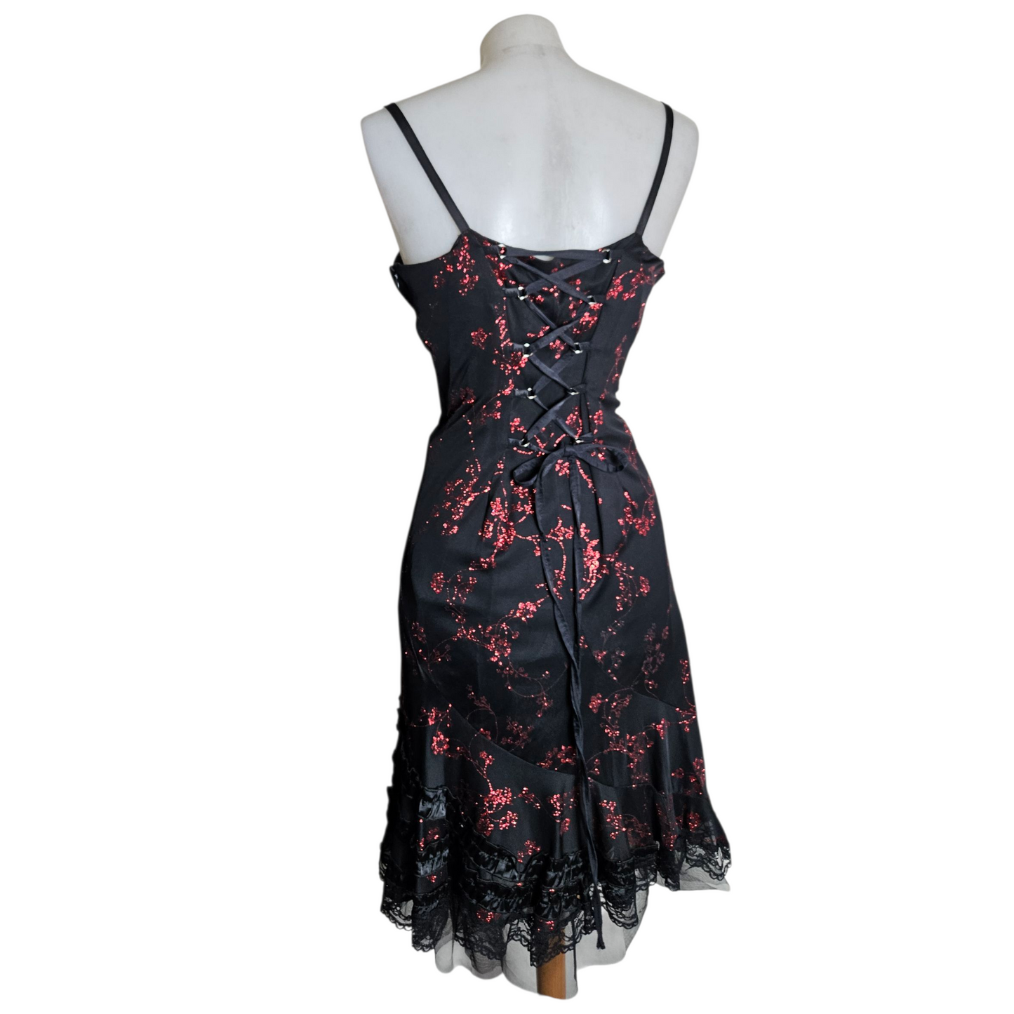 Black dress with red floral pattern
