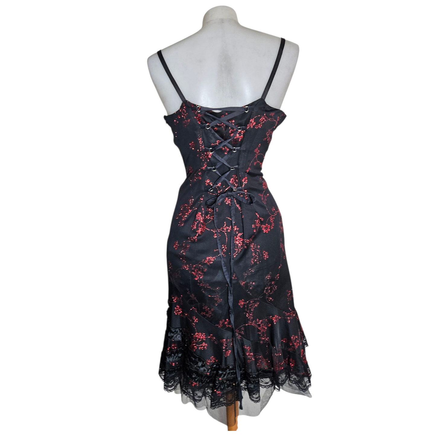Black dress with red floral pattern