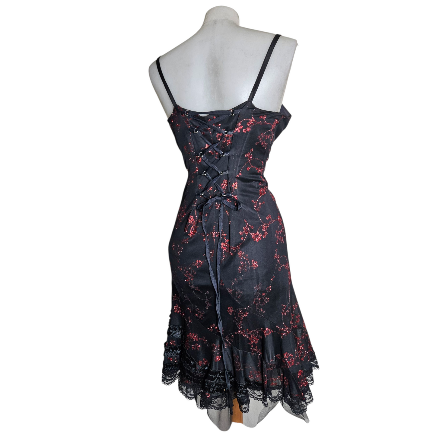 Black dress with red floral pattern