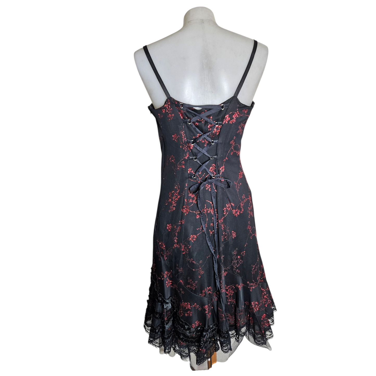 Black dress with red floral pattern