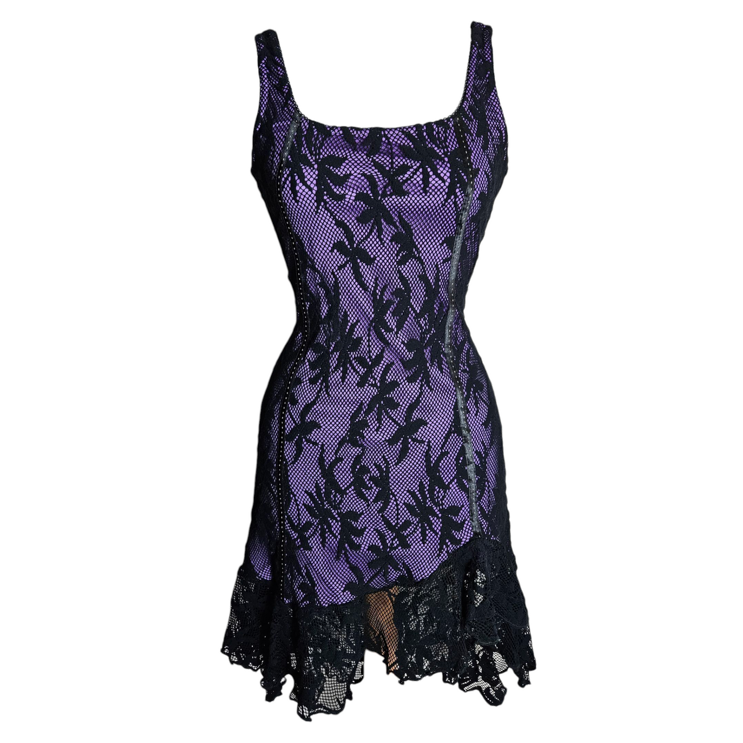 Black lace dress on a purple background