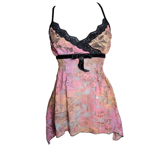 Asymmetrical pink and orange lace top