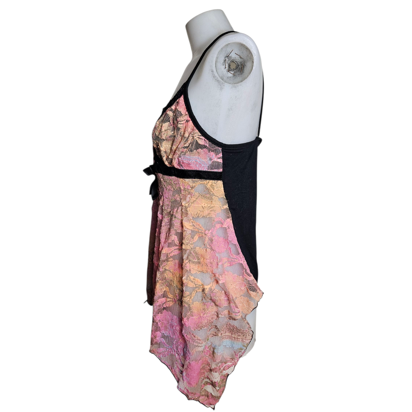 Asymmetrical pink and orange lace top