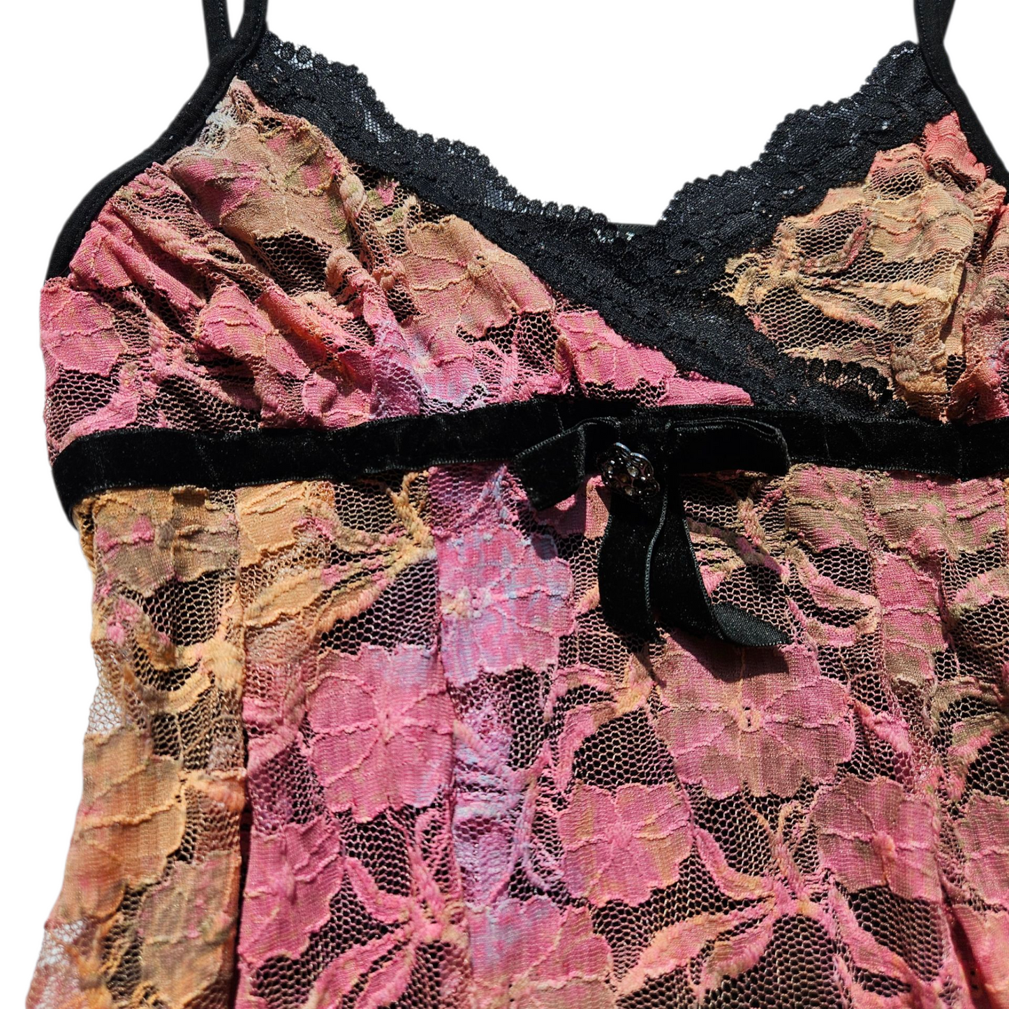 Asymmetrical pink and orange lace top